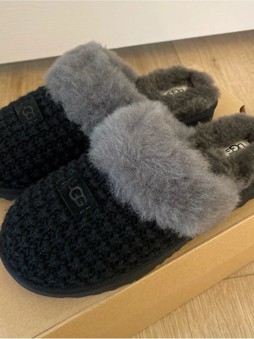 UGG Black Knit Slippers with Gray Shearling Cuff
